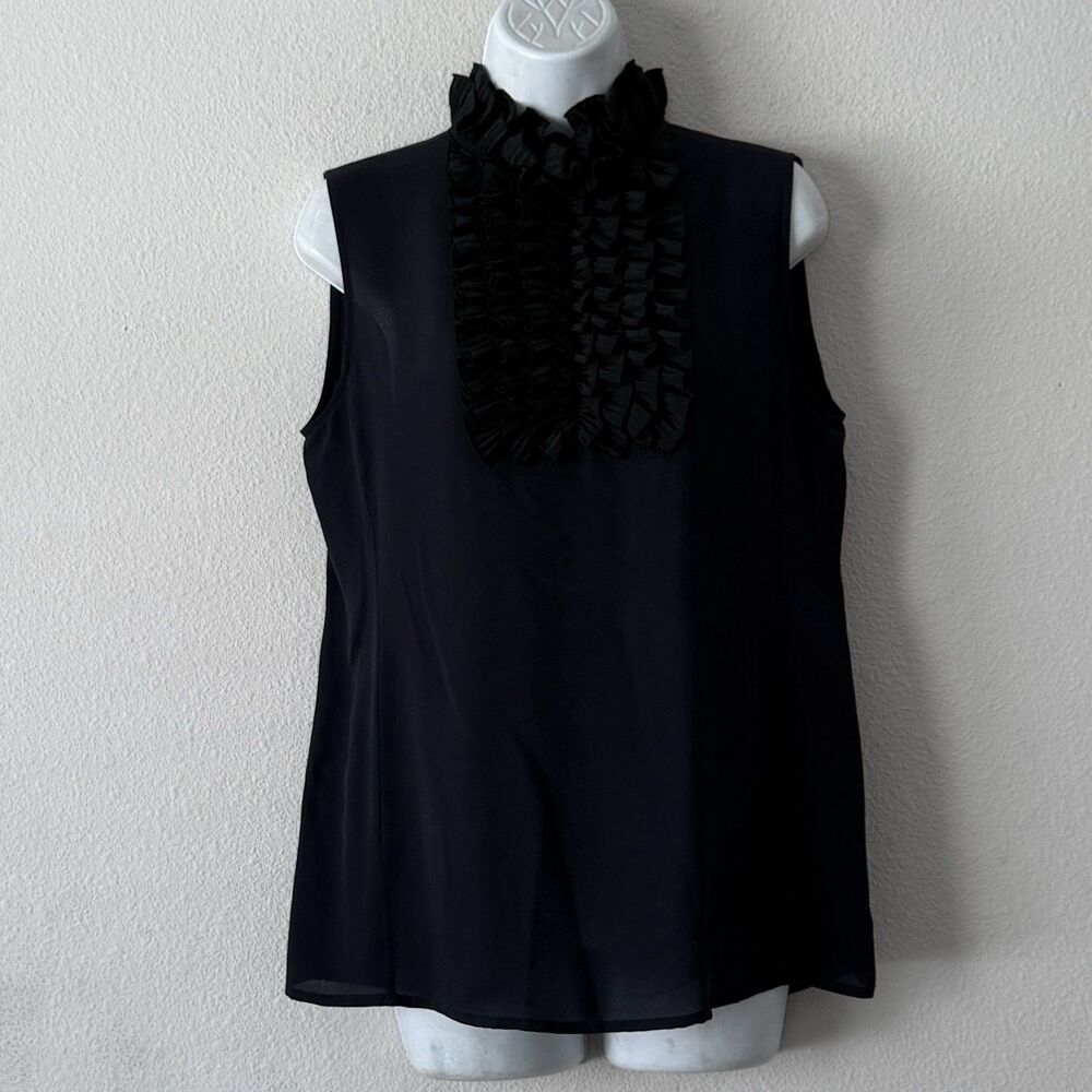 Tory Burch Silk Tuxedo Top Size 8 Dark Blue Ruffle Collar Academia Goth Blouse